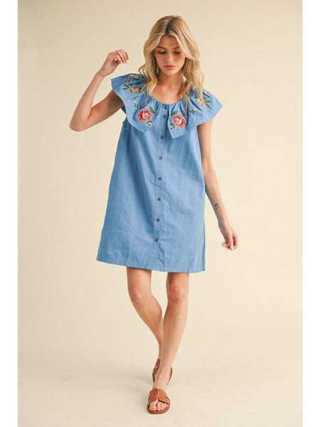 FLORAL EMBROIDERED DRESS W/ RUFFLED NECKLINE