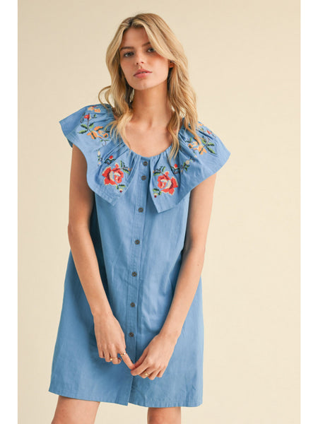 FLORAL EMBROIDERED DRESS W/ RUFFLED NECKLINE