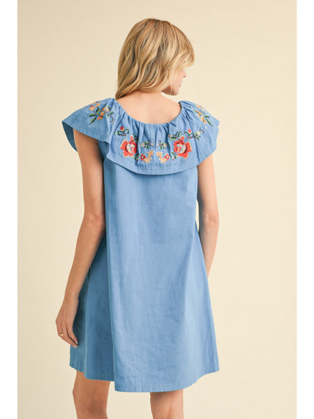FLORAL EMBROIDERED DRESS W/ RUFFLED NECKLINE