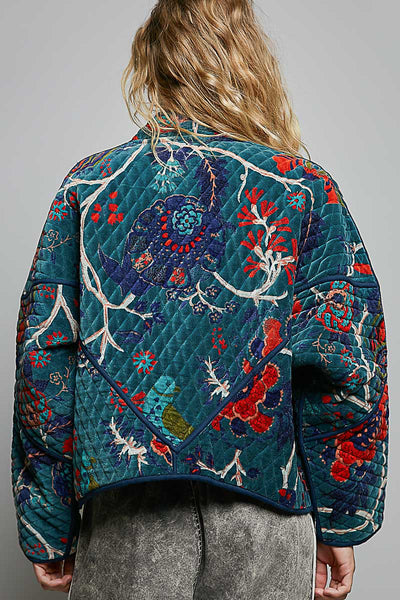 QUILTED VELVET JACKET, TEAL GREEN