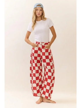 CHECKERED BARREL PANTS, WHITE/RED
