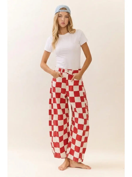 CHECKERED BARREL PANTS, WHITE/RED