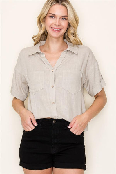 TAUPE SHORT SLEEVE BUTTON DOWN
