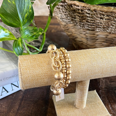 LINKED CHAIN AND BEADED S/3 STRETCH BRACELETS, GOLD