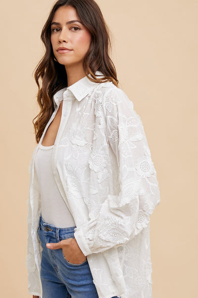 FLOWER LAYERS OVERSIZED BUTTON DOWN, IVORY
