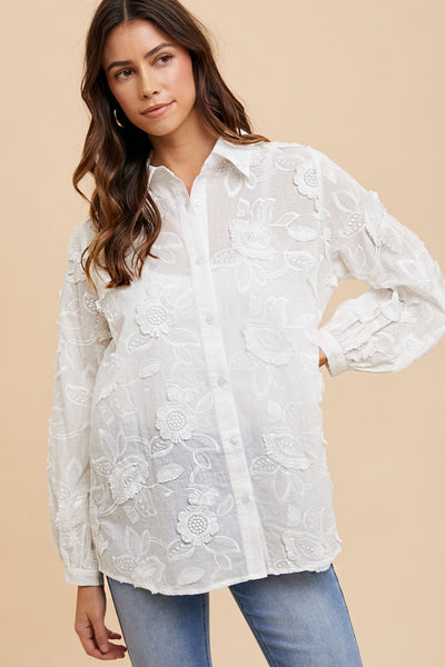 FLOWER LAYERS OVERSIZED BUTTON DOWN, IVORY