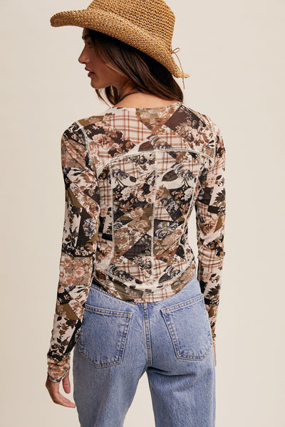 FLORAL PATCHWORK MESH TOP, OLIVE/BEIGE