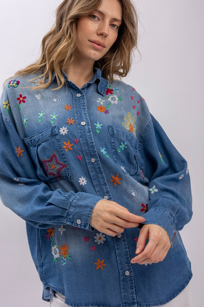 FREE FALLING EMBROIDERED DENIM BUTTON DOWN