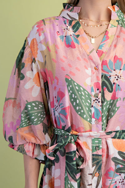 BELTED FLORAL PRINT MIDI DRESS, PINK MIX