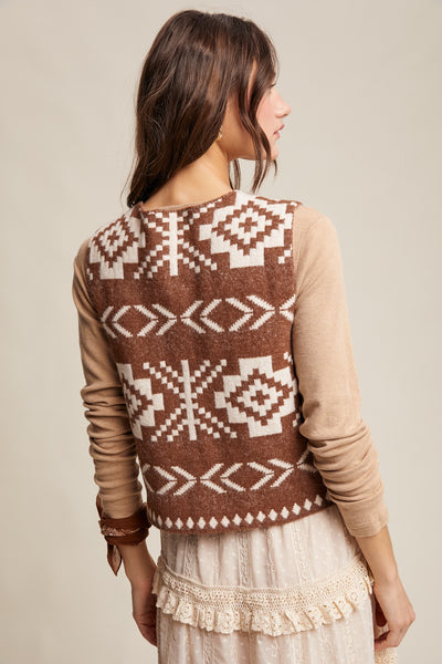 VAYLA AZTEC BUTTON DOWN VEST, AMBER BROWN