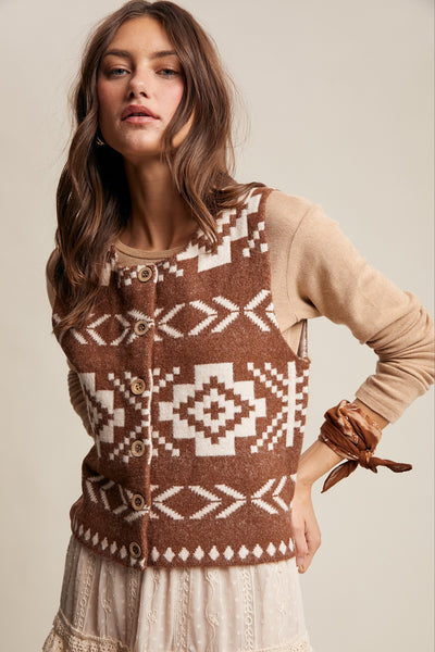 VAYLA AZTEC BUTTON DOWN VEST, AMBER BROWN