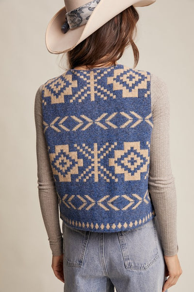 VAYLA AZTEC BUTTON DOWN VEST, BLUE