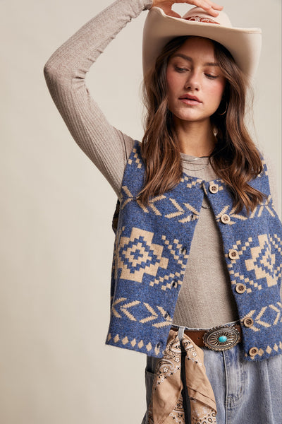 VAYLA AZTEC BUTTON DOWN VEST, BLUE