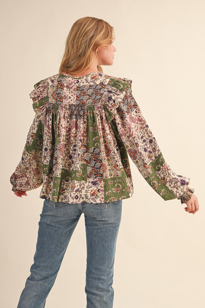 PATCHWORK PRINT BLOUSE, LAVENDER
