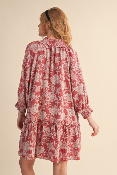 FLORAL JACQUARD SMOCKED DRESS, RED FLORAL
