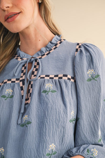 CHECK EMBROIDERY BLOUSE, DUSTY BLOUE