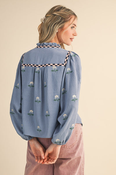 CHECK EMBROIDERY BLOUSE, DUSTY BLOUE