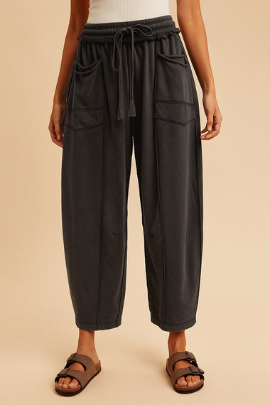 MADDIE MINERAL WASH BARREL PANTS, BLACK