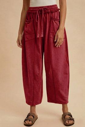 MADDIE MINERAL WASHED BARREL PANTS, BURGUNDY