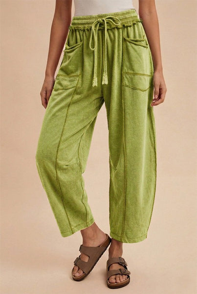MADDIE MINERAL WASH BARREL PANTS, OLIVE GREEN