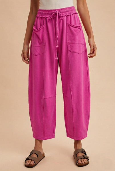 MADDIE MINERAL WASH BARREL PANTS, FUCHSIA