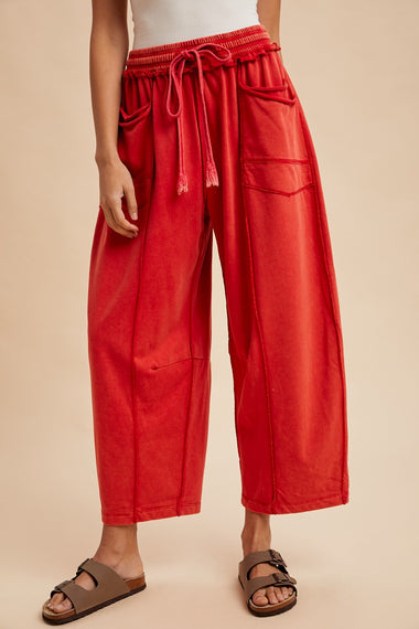 MADDIE MINERAL WASH BARREL PANTS, MINERAL RED