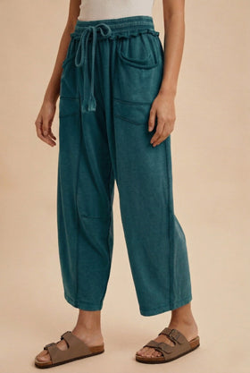MADDIE MINERAL WASHED BARREL PANTS, TEAL