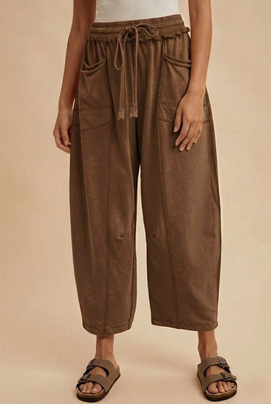 MADDIE MINERAL WASH BARREL PANTS, CHOCOLATE