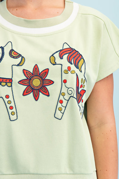 DONKEY EMBROIDERED SHORT SLEEVE SWEATSHIRT, SAGE