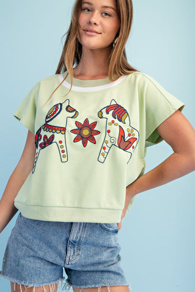 DONKEY EMBROIDERED SHORT SLEEVE SWEATSHIRT, SAGE