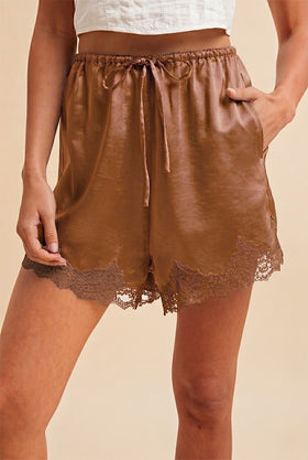 LACE TRIMMED SATIN SHORTS, CHOCOLATE