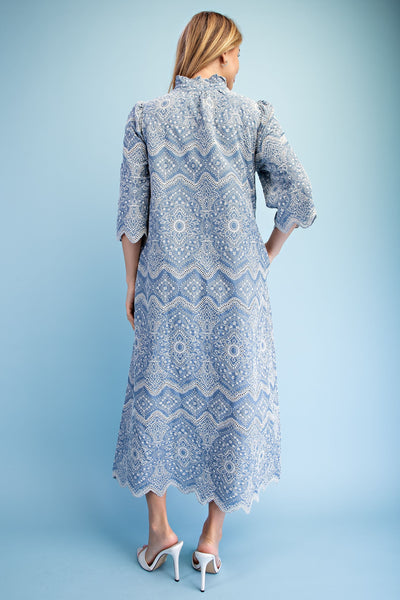 EYELET BUTTON DOWN MIDI DRESS, LT DENIM