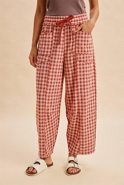 PLAID BARREL FIT PANTS, RUST PINK