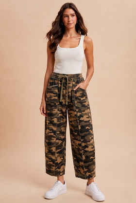 MADDIE MINERAL WASHED BARREL PANTS, CAMO