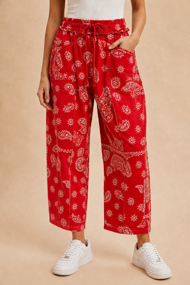 BANDANA BARREL FIT PANTS, RED