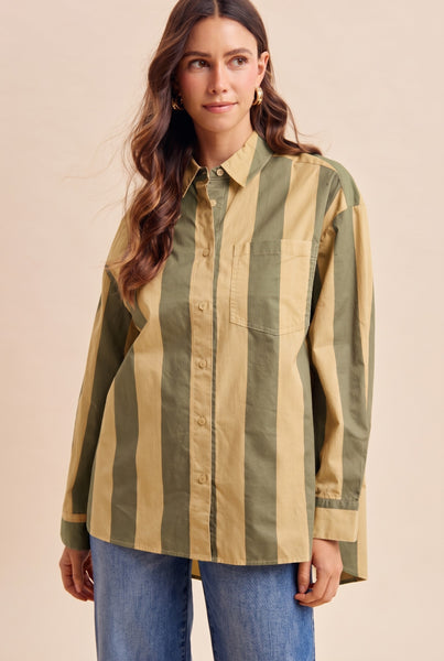 VINTAGE BOLD STRIPED BUTTON DOWN, OLIVE/BEIGE