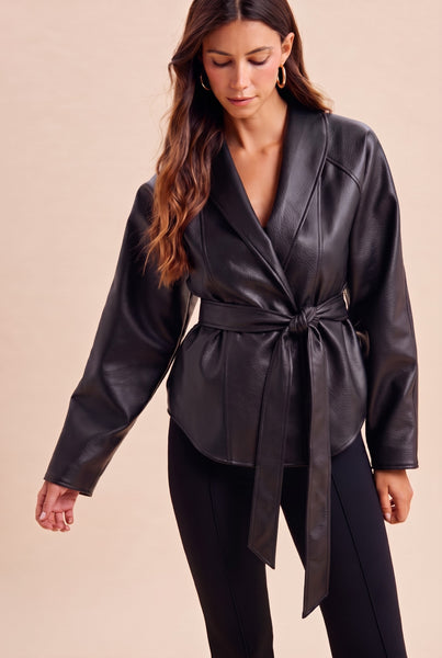 FAUX LEATHER BLAZER, BLACK