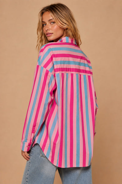 VERTICAL STRIPE BUTTON DOWN, PINK/TEAL