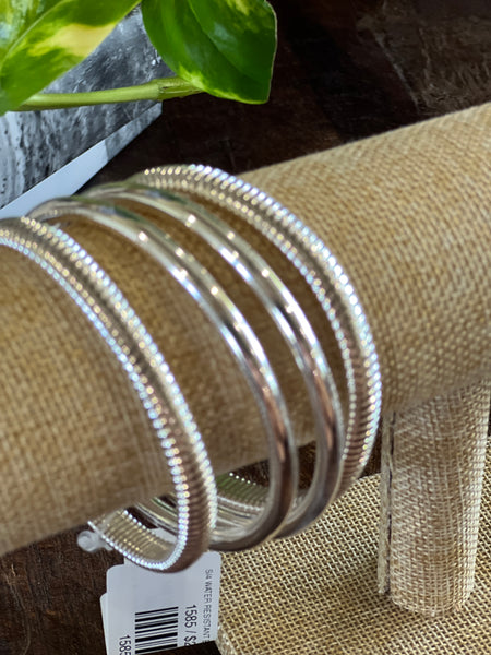 S/4 WATER RESISTANT BANGLE & RIBBED STRETCH BRACELETS, SILVER