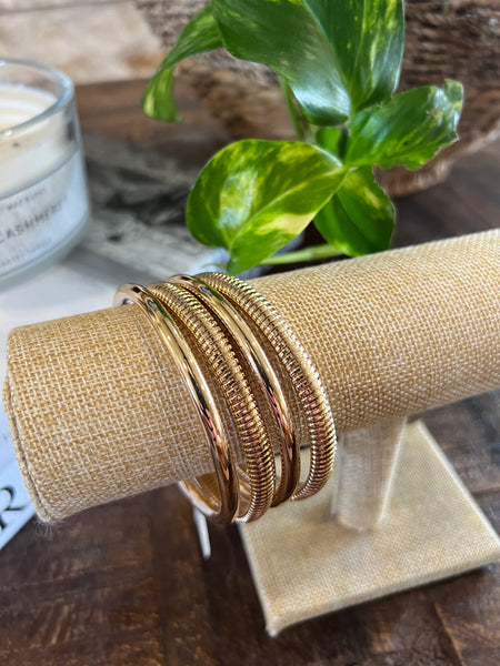 S/4 WATER RESISTANT BANGLE & RIBBED STRETCH BRACELETS, GOLD