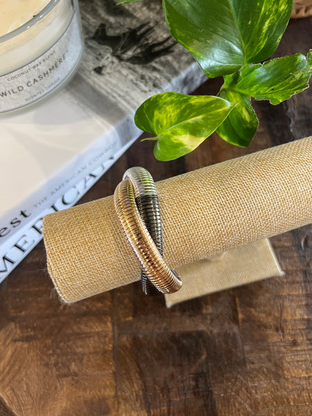 WATER RESISTANT 2 STRAND RIBBED TWISTED BRACELET, GOLD SILVER & BLACK