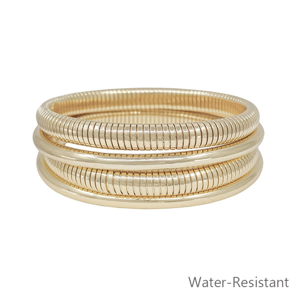 S/4 WATER RESISTANT BANGLE & RIBBED STRETCH BRACELETS, GOLD