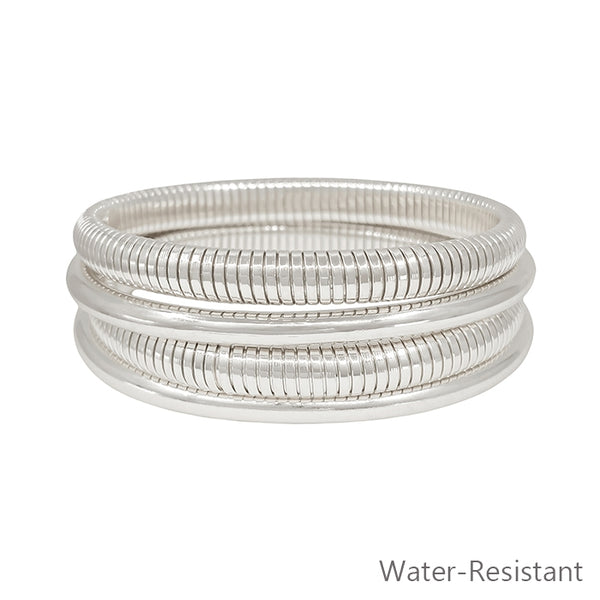 S/4 WATER RESISTANT BANGLE & RIBBED STRETCH BRACELETS, SILVER
