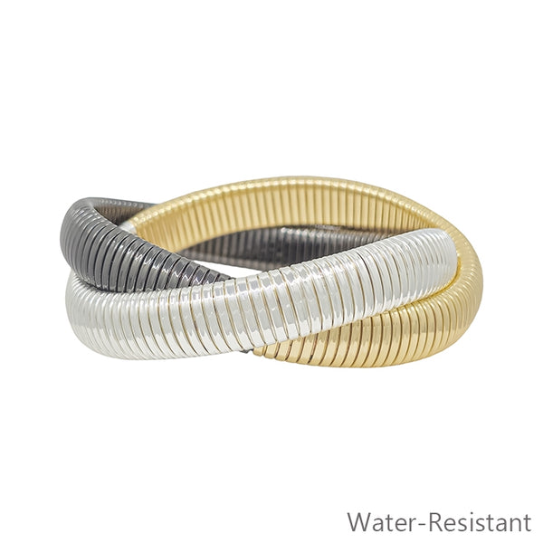 WATER RESISTANT 2 STRAND RIBBED TWISTED BRACELET, GOLD SILVER & BLACK