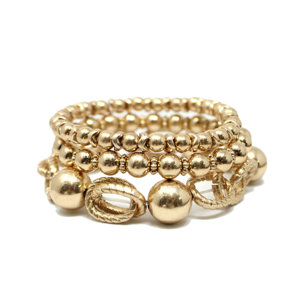 LINKED CHAIN AND BEADED S/3 STRETCH BRACELETS, GOLD