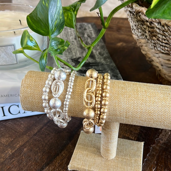 LINKED CHAIN AND BEADED S/3 STRETCH BRACELETS, GOLD