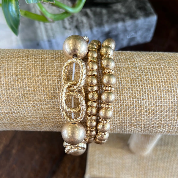 LINKED CHAIN AND BEADED S/3 STRETCH BRACELETS, GOLD