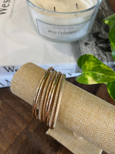 S/4 WATER RESISTANT BANGLE & RIBBED STRETCH BRACELETS, GOLD