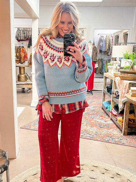 FAIR ISLE SWEATER, DUSTY BLUE