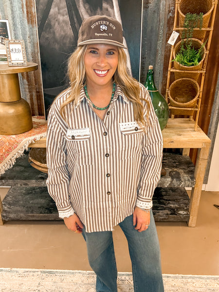 PRAIRIE PINSTRIPE BUTTON DOWN, TAUPE